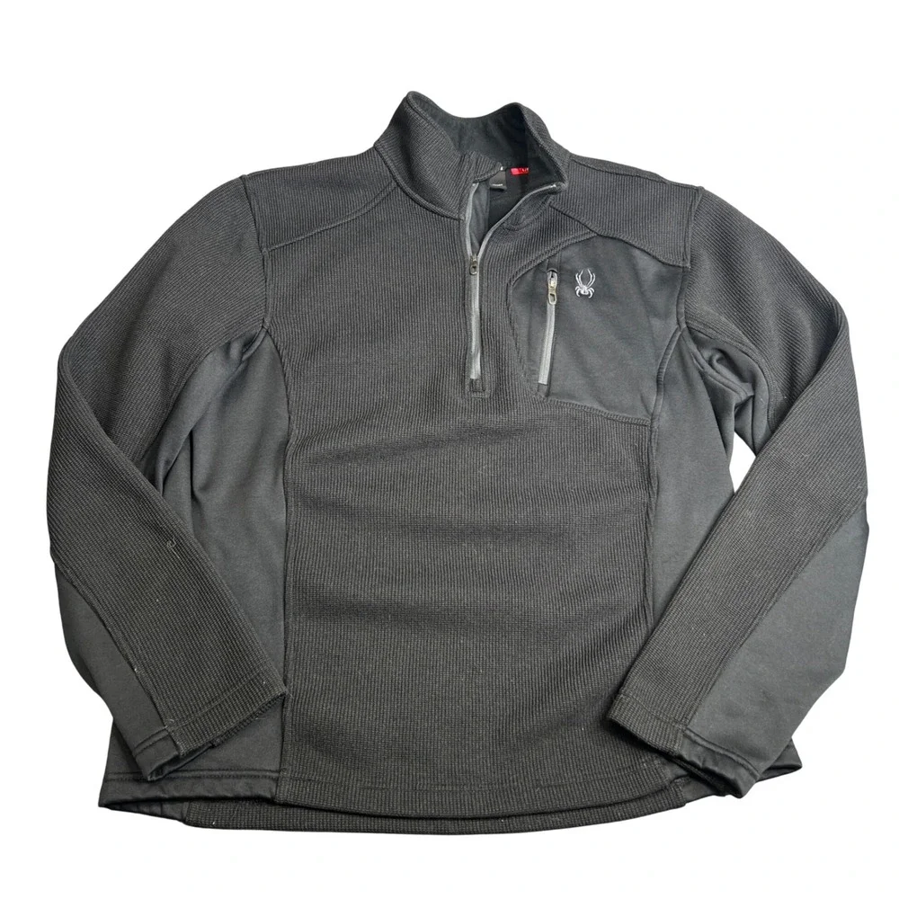 Spyder Mens Black Waffle Knit Quarter Zip Pullover Fleece Jacket Size Large